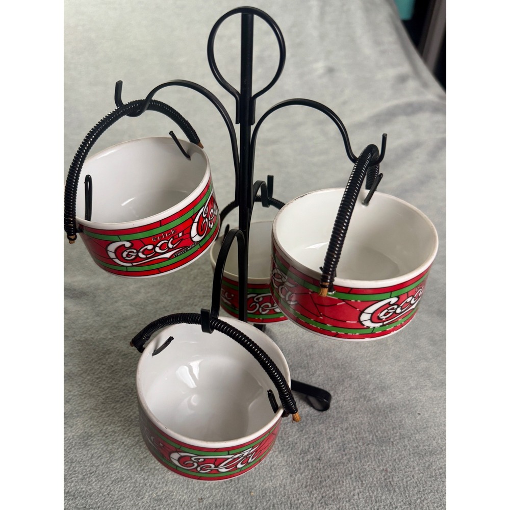 Vintage Coca-Cola Ceramic Condiment Set 4 Bowls with Metal Hanging Stand Japan